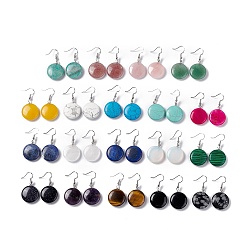 Смешанные камни Плоские круглые серьги с подвесками из драгоценных камней, платиновые латунные украшения для женщин, 42 мм, штифты : 0.7 мм