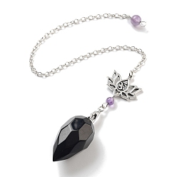 Обсидиан Биолокационные маятники из натурального обсидиана, с лотосом из сплава чакры и фурнитурой из латуни с покрытием стойки, 246 мм, отверстие : 1.5 мм