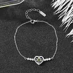 Платинированный 925 ссылка стерлингового серебра браслеты, браслеты-цепочки для женщин, сердце, с муассанитовым стразом, Реальная платина, 6-3/4 дюйм (17.2 см)