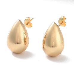 Golden Brass Stud Earrings for Women, Long-Lasting Plated, Teardrop, Golden, 20x13mm
