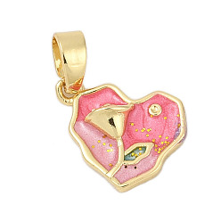 Ярко-Розовый Латунь эмаль подвески, сердце с цветочными подвесками, стойки покрытие, прочное покрытие, без кадмия и без свинца, реальный 18 k позолоченный, ярко-розовый, 16x12.5x3.5 мм, отверстие : 3.5x2.5 мм