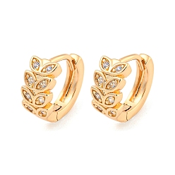 Light Gold Brass Micro Pave Cubic Zirconia Hoop Earrings, Leaf, Light Gold, 11.5x6mm