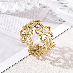 Golden 304 Stainless Steel Micro Pave Cubic Zirconia Cuff Open Rings, Flower, Golden, 10mm, US Size 8 1/4(18.3mm)