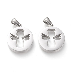 Нержавеющая Сталь Цвет Не тускнеющие 304 подвески из нержавеющей стали, отрезать, полый, ручная полировка, плоские круглые с ангелом, цвет нержавеющей стали, 20x17.5x3.5 мм, отверстие : 3x6 мм