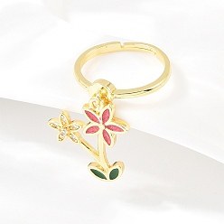 Цветок Латунные кольца-подвески с микропаве из кубического циркония для женщин, с эмалью, долговечный, реальный 18 k позолоченный, цветок, 19.5x17.5 мм, размер США 6 3/4 (17.1 мм)