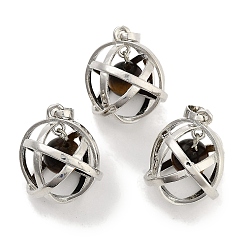 Тигровый глаз Круглые шариковые подвески из натурального тигрового глаза, овальные подвески из латуни платинового цвета с покрытием стойки, без кадмия и без свинца, 21x16x18 мм, отверстие : 6.5x5 мм