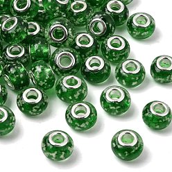 Зеленый лайм Светятся в темноте ручной светящийся стиль лампворк большое отверстие европейских бисера, с латунными ярдами серебянного цвета , рондель, зеленый лайм, 14x9~10 мм, отверстие : 5 мм