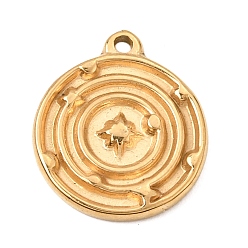 Real 18K Gold Plated 304 Stainless Steel Pendants, Flat Round with Star Charms, Ion Plating(IP), Real 18K Gold Plated, 21x18.5x2.5mm, Hole: 1.8mm