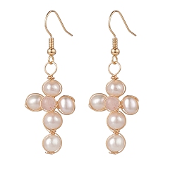 Rose Quartz Natural Shell & Rose Quartz Braided Cross Dangle Earrings, Gold Plated Brass Wire Wrap Jewelry for Women, 50mm, Pin: 0.6mm