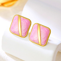 Pearl Pink Brass Enamel Stud Earrings, Square, Golden, Pearl Pink, 15mm