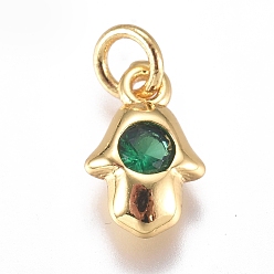 Зеленый Латунные микро проложить кубического циркония прелести, долговечный, hamsa рука / рука fatima / рука miriam, золотые, зелёные, 9x6x2 мм, отверстие : 3 мм