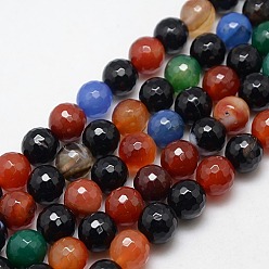 Mixed Color Natural Agate Round Beads Strand, Dyed, Faceted, Mixed Color, 14mm, Hole: 1mm, about 28pcs/strand, 14.56 inch