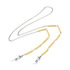 Yellow Eyeglasses Chains, Neck Strap for Eyeglasses, with Brass Rolo Chains, Glass Seed Beads, 304 Stainless Steel Lobster Claw Clasps and Rubber Loop Ends, Yellow, 31.29 inch(79.5cm)