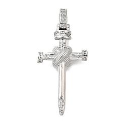 Платина Латунные микро проложить кубического циркония подвески, крест с гвоздями-амулетами, платина, 28.5x13x3.5 мм, отверстие : 3x2.5 мм