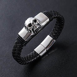 Античный Серебристый & Цвет Нержавеющей Стали Браслеты из плетеного шнура из искусственной кожи в стиле панк, 304 Браслеты с подвесками в виде черепа из нержавеющей стали для мужчин, с магнитной застежкой, старинное серебро и цвет нержавеющей стали, 8.27 дюйм (21 см)
