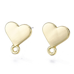 Light Gold Alloy Stud Earring Findings, with Loop and Steel Pin, Heart with Plastic Protective Sleeve, Light Gold, 11.5x10.5mm, Hole: 1.4mm, Pin: 0.7mm