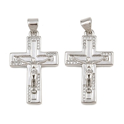 Platinum Easter Brass Micro Pave Clear Cubic Zirconia Pendants, Crucifix Charms, Cadmium Free & Lead Free, Platinum, 29x18x3.5mm, Hole: 5x3mm