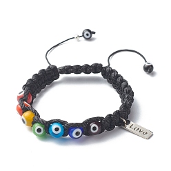 Colorful Adjustable Nylon Thread Braided Bead Bracelets, with Handmade Evil Eye Lampwork Beads, 304 Stainless Steel Charm, Rectangle with Love, Colorful, 9mm , Inner Diameter:1-3/4~3-3/8 inch(4.6~8.5cm)