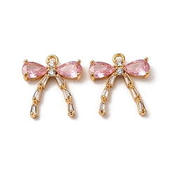 Pink Латунные микро проложить кубического циркония подвески, без кадмия, без никеля и без свинца, бантом, розовые, 15.5x14x3.5 мм, отверстие : 1.4 мм