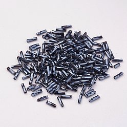 Black Glass Twisted Bugle Beads, Metallic Colours, Hematite Plated, 5x2mm, Hole: 0.5mm, about 16000pcs/bag
