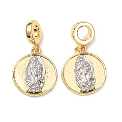 Настоящее золото 18K Двухцветные латунные европейские подвески-шармы, плоские круглые подвески с большим отверстием, посвященные религии и Деве Марии., платина, реальный 18 k позолоченный, 26 мм, отверстие : 5 мм