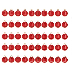 Gemini Alloy Enamel Pendants, Flat Round with Constellation, Light Gold, Red, Gemini, 15x12x2mm, Hole: 1.5mm, 50pcs/Box