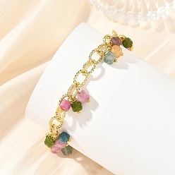 Tourmaline Natural Multicolor Tourmaline Faceted Cube Beads Tassel Brass Textured Cable Chain Bracelets for Women, Golden, 7.60 inch(19.3cm)