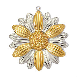 Real 18K Gold Plated & Stainless Steel Color 304 подвески из нержавеющей стали, ионное покрытие (ip), прелести подсолнуха, ручная полировка, реальный 18 k позолоченный и цвет нержавеющей стали, 42x39 мм, отверстие : 2 мм