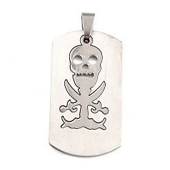 Mixed Color 201 Stainless Steel Pendants, Split Dog Tag Pendant, Rectangle with Skull, Stainless Steel Color & Silver Color Plated, 50x24x1.5mm, Hole: 6x4mm