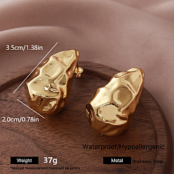 Golden 304 Stainless Steel Stud Earrings for Women, Teardrop, Half Hoop Earrings, Golden, 35x20mm