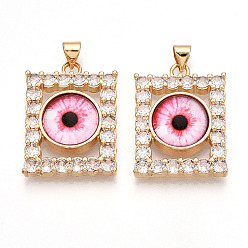 Ярко-Розовый Латунные подвески с микропаве из прозрачных кубических цирконий для женщин, Прямоугольник с глаз, cmолой, реальный 18 k позолоченный, ярко-розовый, 26~27x20x7~8 мм, отверстие : 3.5~4x5 мм