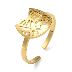 Золотой 304 открытая манжета из нержавеющей стали, Полая бабочка и фаза луны, золотые, размер США 8 1/4 (18.3 мм)