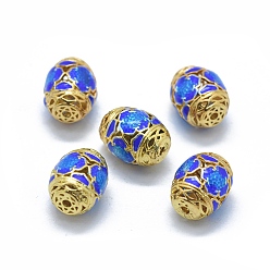 Blau Hohle Messing Emaille Perlen, Fass, golden, Blau, 13x10 mm, Bohrung: 1.5 mm