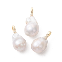 Золотой Подвески из натурального барочного жемчуга кеши, Подвески в виде самородков с латунными микропаве из прозрачного кубического циркония и застежками-пряжками., белые, золотые, 21.5~24.5x11~11.5 мм, отверстие : 1.8x3 мм