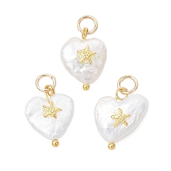 Золотой Подвески в форме сердца из натурального барочного жемчуга кеши с фрагментом морской звезды из сплава., белые, золотые, 15x11~12x4.5~5 мм, Перейти кольцо: 5x0.8 мм, внутренний диаметр: 3.3 мм