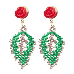Green Rose with Leaf Seed Beads Stud Earrings, with 304 Stainless Steel & Resin Beads, Golden, Green, 45x19mm