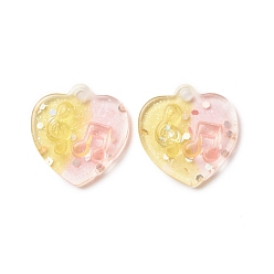 Gold Two Tone Transparent Resin Pendants, with Glitter Powder, Heart Charm with Music Note Pattern, Pink, Gold, 20x20x5mm, Hole: 2mm