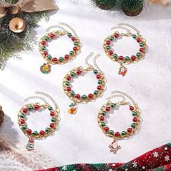 (52) Непрозрачная лаванда 5шт 5 стили рождественские сплав эмалированные многорядные браслеты для женщин, с круглыми стеклянными бусинами-жемчужинами и застежками-карабинами из цинкового сплава, разноцветные, 7-1/2 дюйм (19.1~19.2 см), 1 шт / стиль