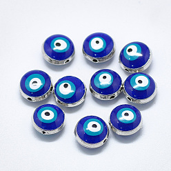 Blue Alloy Enamel Beads, Flat Round with Evil Eye, Platinum, Blue, 10x6~8mm, Hole: 1.2mm