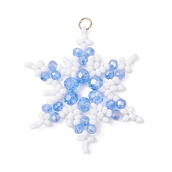 Синий Подвески-снежинки из стеклянных бусин, с 304 соединительным кольцом из нержавеющей стали и стеклянными бусинами, реальный 18 k позолоченный, граненые, синие, 36x33x4 мм, отверстие : 2.5 мм