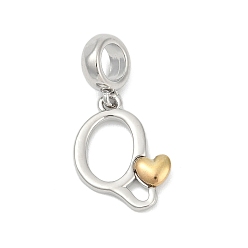 Letter Q Латунные европейские подвески с подвесками, подвески в форме сердца с большими отверстиями, платиной и золотом, Буква Q, 25.5~30.5 мм, отверстие : 6 мм