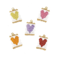 Mixed Color Romantic Glass Seed Bead Pendants, Rectangle with Heart Charm, with 304 Stainless Steel Open Jump Rings, Mixed Color, 21~22x16x1.5~1.8mm, Hole: 2mm