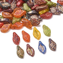 Mixed Color Handmade Lampwork Charms, Leaf Charms, Golden Metal Enlaced, Mixed Color, 12x6.5x5mm, Hole: 1mm