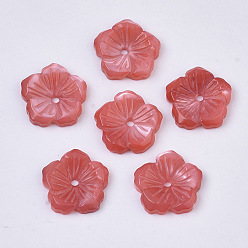 Rouge Coquille de nacre blanche naturelle, teint, fleur, rouge, 12.5x12.5x2.5mm, Trou: 1.2mm