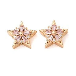 Pink Латунные микро проложить кубического циркония бусы, полые звезда, реальный 18 k позолоченный, розовые, 12x12x6 мм, отверстие : 1.4 мм