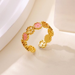 Настоящее золото 18K 304 Открытые кольца из эмалированной нержавеющей стали, цветок, ионное покрытие (ip), реальный 18 k позолоченный, внутренний диаметр: 17.8 мм