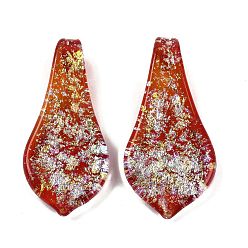 Сиена Lampwork большие кулоны, с фольгой, лист, цвет охры, 57~60x29x10.5 мм, отверстие : 6.5x4.5 мм