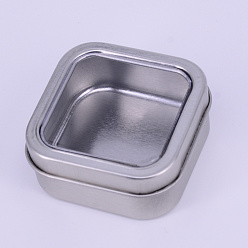 Platinum Tinplate Iron Tins, with PVC Claer Window & Slip-on Lid, Storage Box for Candles, Candies, Square, Platinum, 6x6x2.7cm, Inner Size: 52x52mm