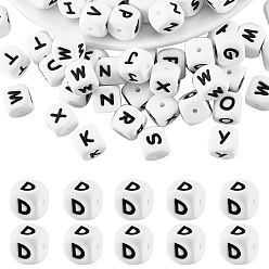 Letter D 20шт. белые кубические силиконовые бусины в форме букв, Бусины в виде букв алфавита для изготовления браслетов и ожерелий., фокусные бусы, Буква D, 12x12x12x12 мм, отверстие : 2 мм