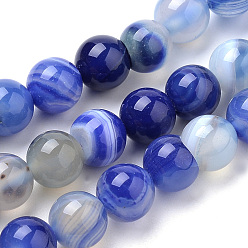 Royal Blue Natural Striped Agate/Banded Agate Beads Strands, Dyed, Round, Royal Blue, 8mm, Hole: 1mm, about 47pcs/strand, 14.96 inch(38cm)